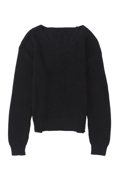Elegant Black V-Neck Ribbed Knit Sweater