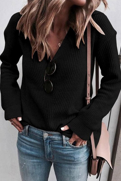 Elegant Black V-Neck Ribbed Knit Sweater