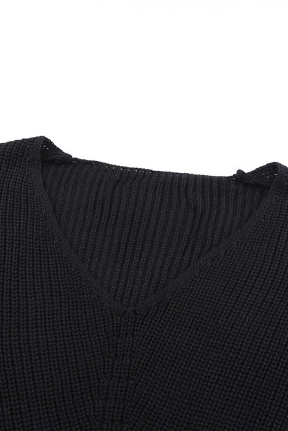 Elegant Black V-Neck Ribbed Knit Sweater