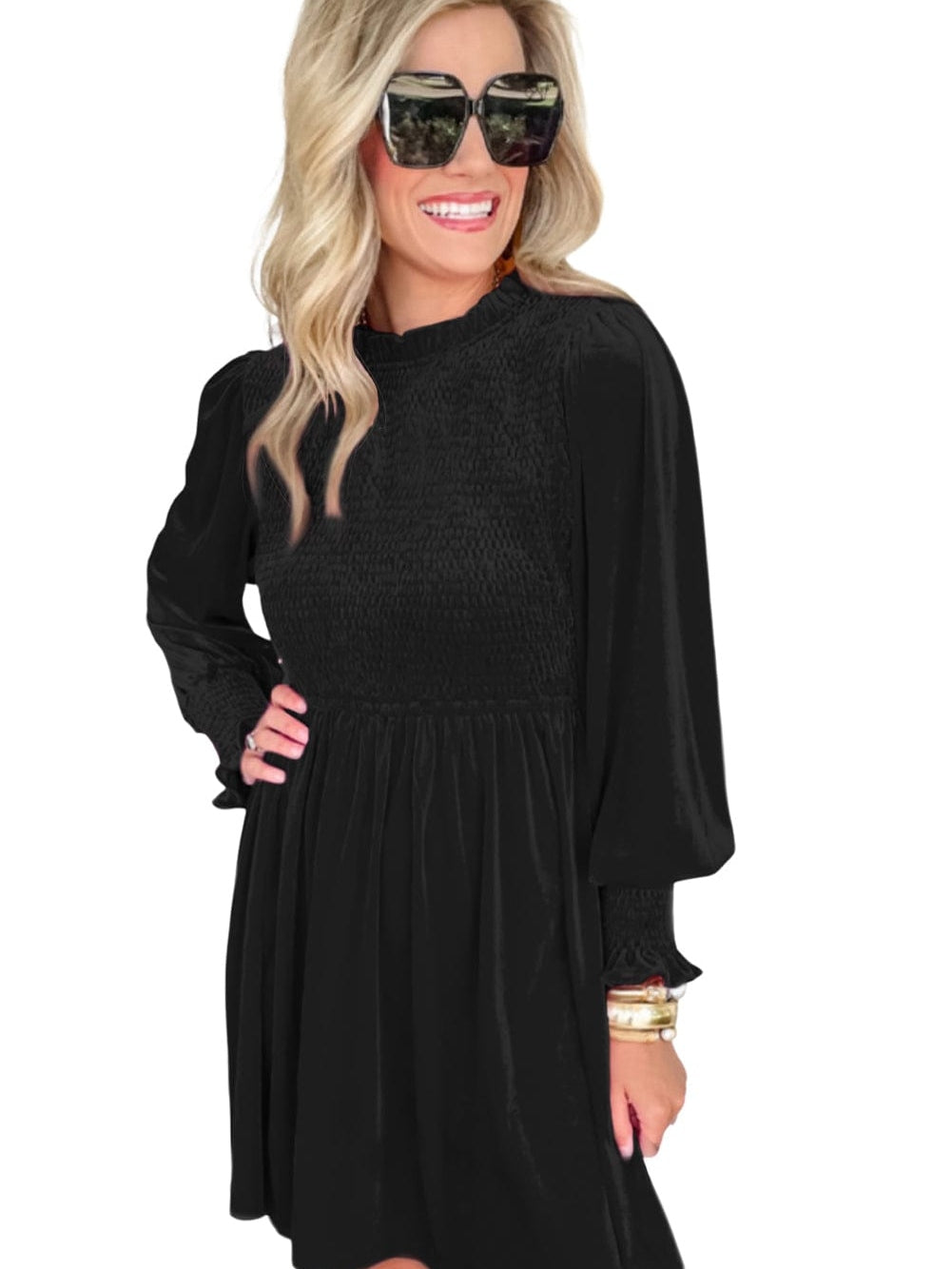 Elegant Black Velvet Mini Dress with Ruffled Neck and Smocked Bodice