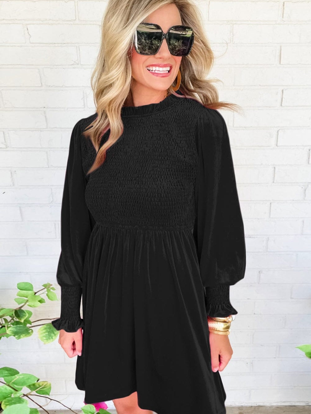 Elegant Black Velvet Mini Dress with Ruffled Neck and Smocked Bodice