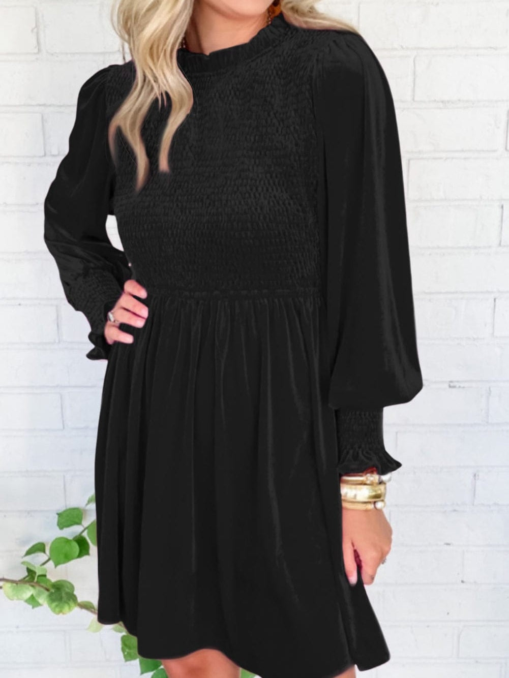 Elegant Black Velvet Mini Dress with Ruffled Neck and Smocked Bodice