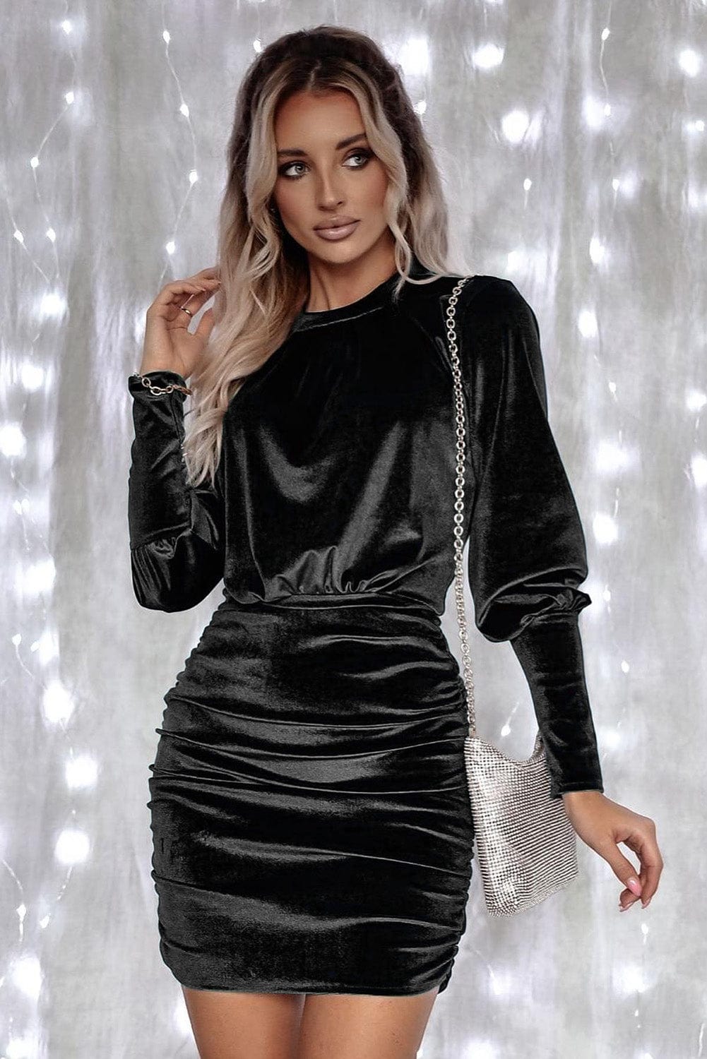 Elegant Black Velvet Puff-Sleeve Ruched Cocktail Dress