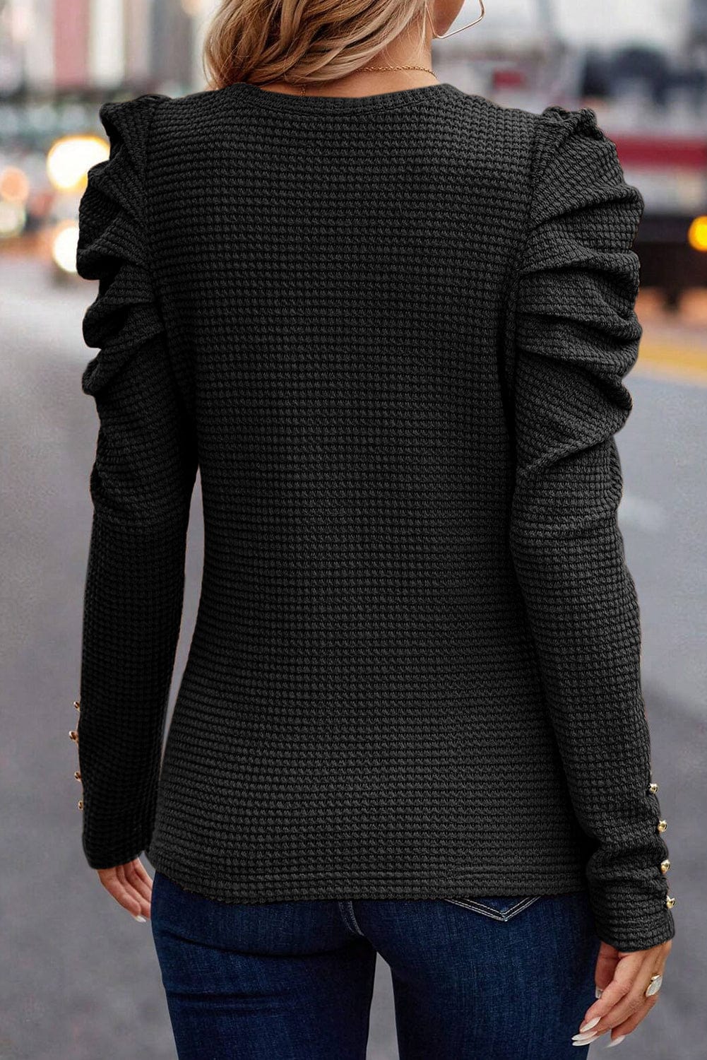 Elegant Black Waffle Knit Gigot Sleeve Top with Buttoned Cuffs