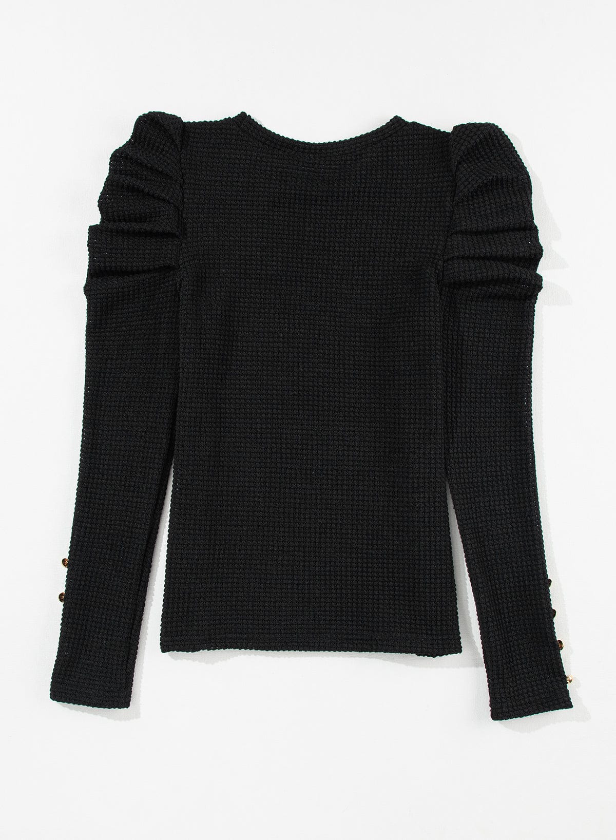 Elegant Black Waffle Knit Gigot Sleeve Top with Buttoned Cuffs