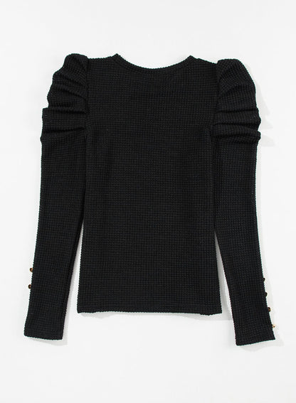 Elegant Black Waffle Knit Gigot Sleeve Top with Buttoned Cuffs
