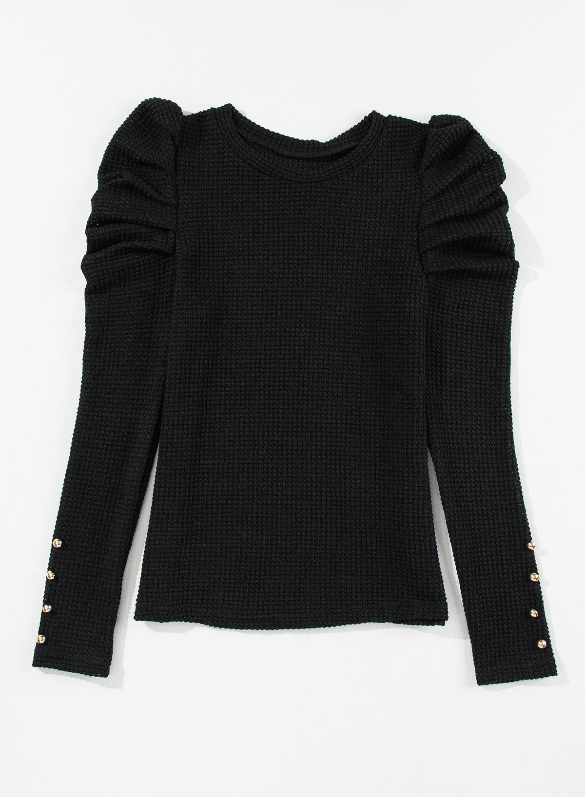 Elegant Black Waffle Knit Gigot Sleeve Top with Buttoned Cuffs