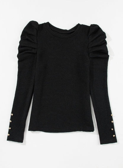 Elegant Black Waffle Knit Gigot Sleeve Top with Buttoned Cuffs