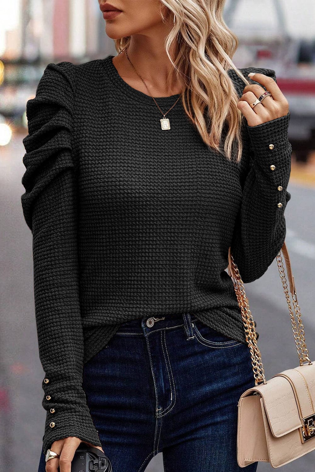 Elegant Black Waffle Knit Gigot Sleeve Top with Buttoned Cuffs
