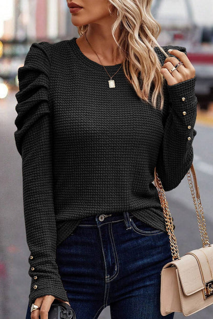 Elegant Black Waffle Knit Gigot Sleeve Top with Buttoned Cuffs
