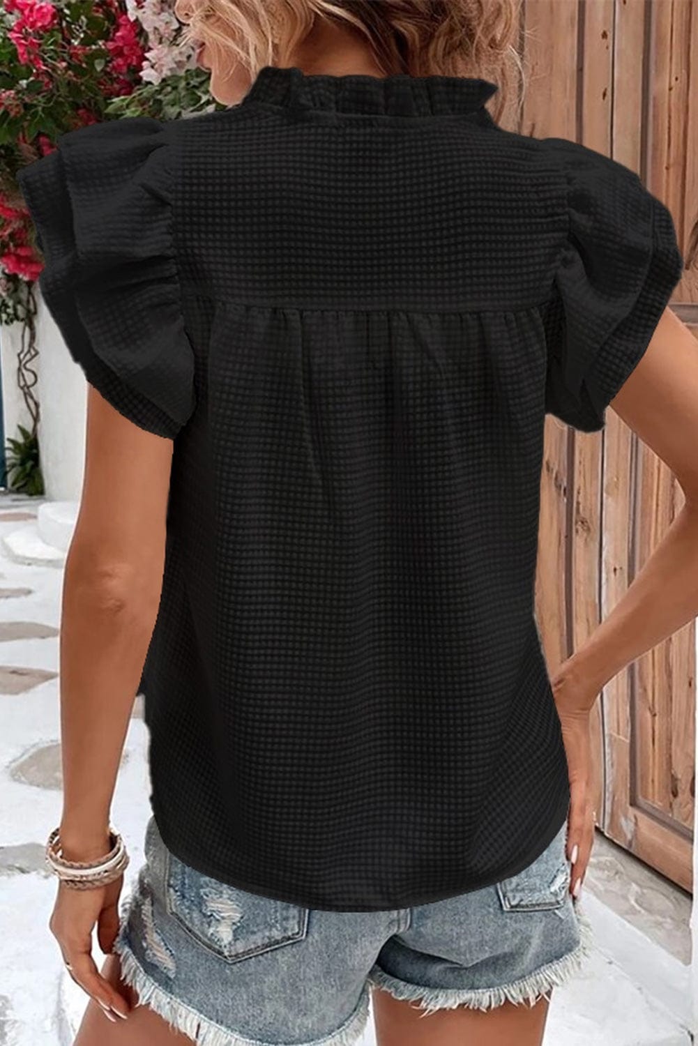 Elegant Black Waffle Knit Ruffle Flutter Top with Notch Neck