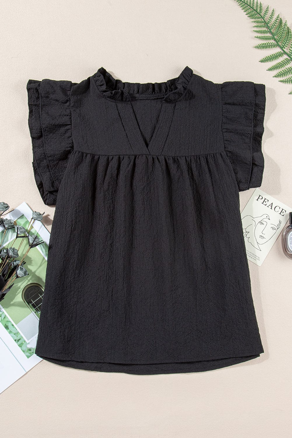 Elegant Black Waffle Knit Ruffle Flutter Top with Notch Neck