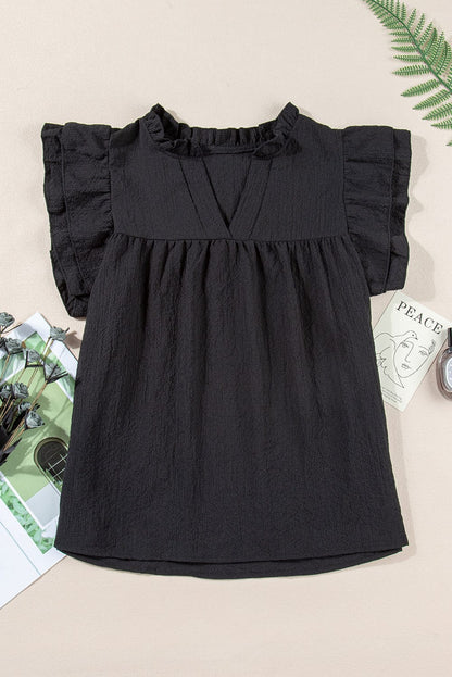 Elegant Black Waffle Knit Ruffle Flutter Top with Notch Neck