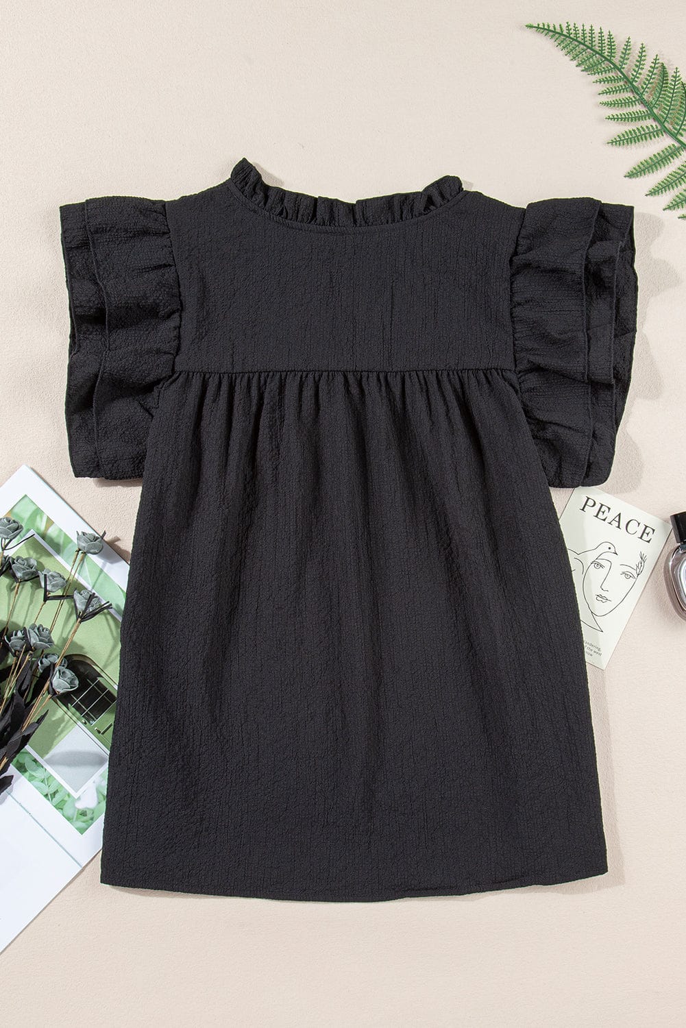 Elegant Black Waffle Knit Ruffle Flutter Top with Notch Neck