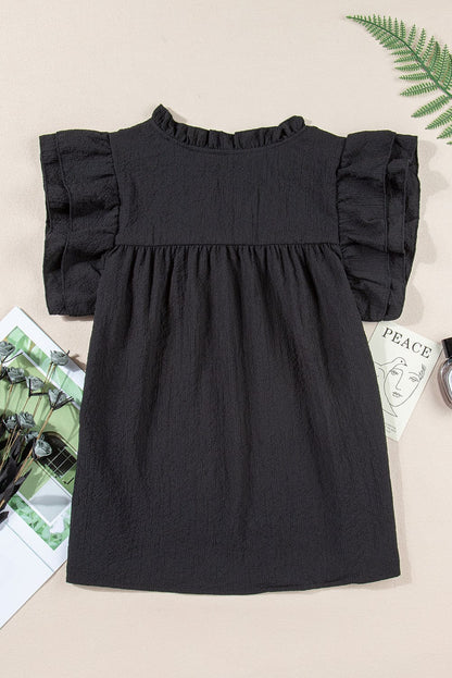 Elegant Black Waffle Knit Ruffle Flutter Top with Notch Neck