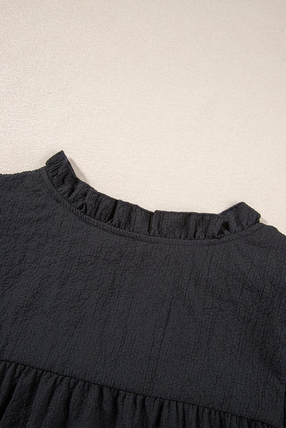 Elegant Black Waffle Knit Ruffle Flutter Top with Notch Neck