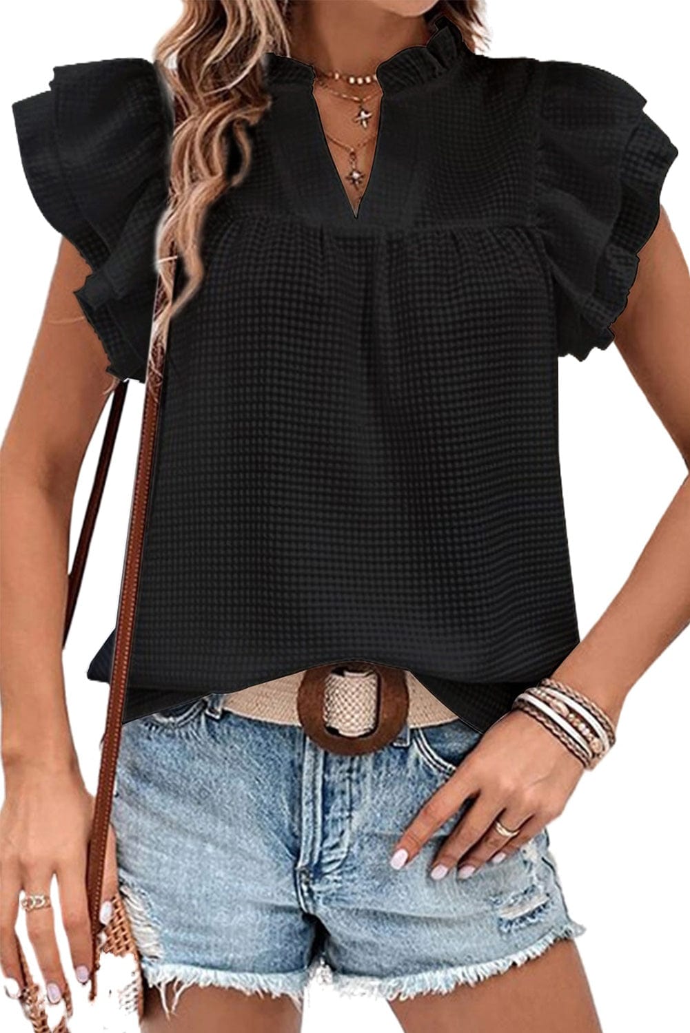 Elegant Black Waffle Knit Ruffle Flutter Top with Notch Neck