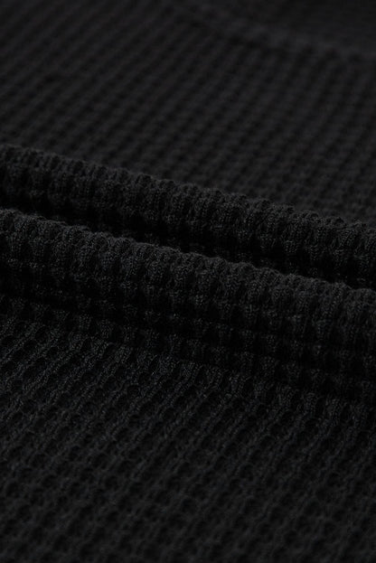 Elegant Black Waffle Knit Top with Ruched Puff Sleeves