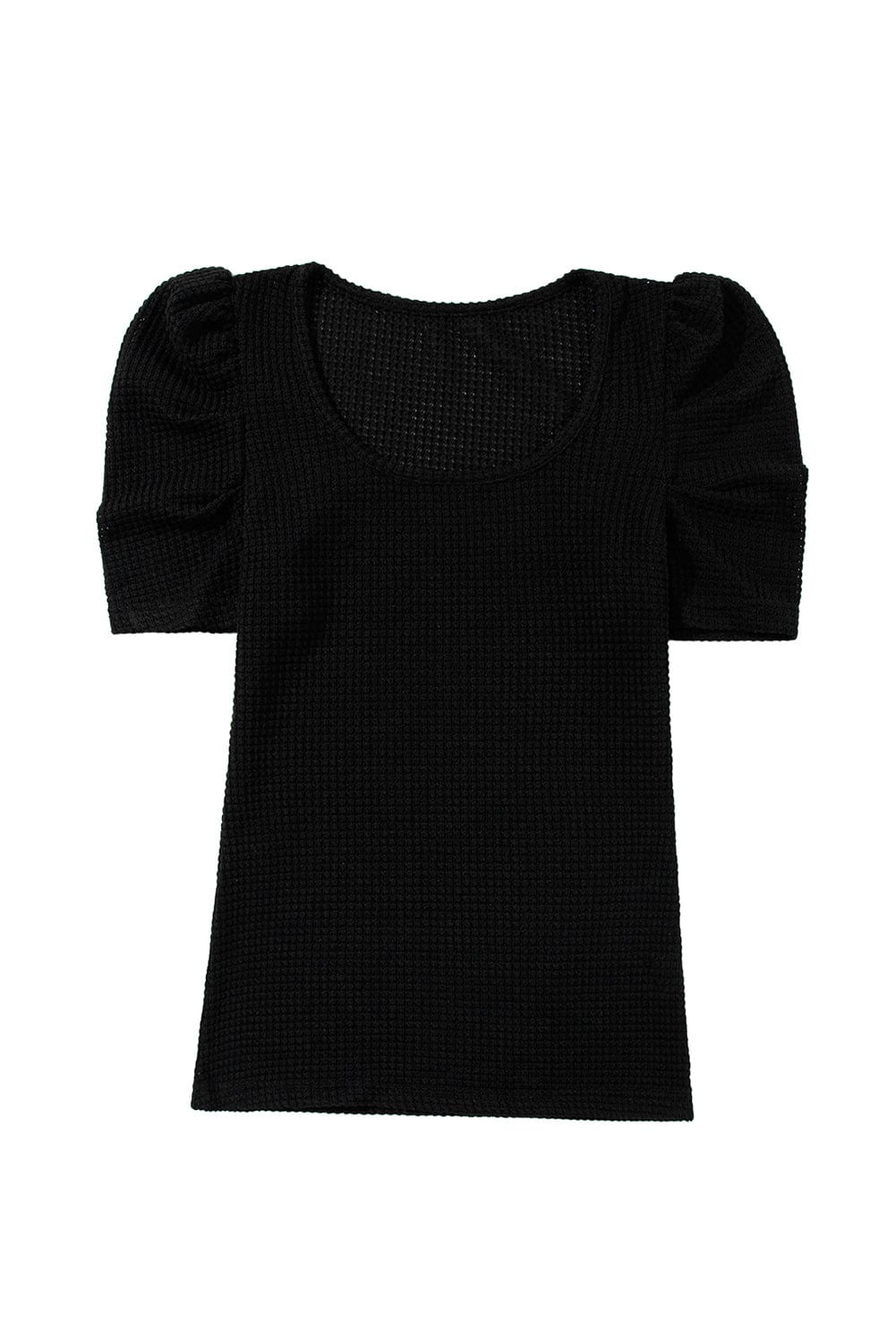 Elegant Black Waffle Knit Top with Ruched Puff Sleeves