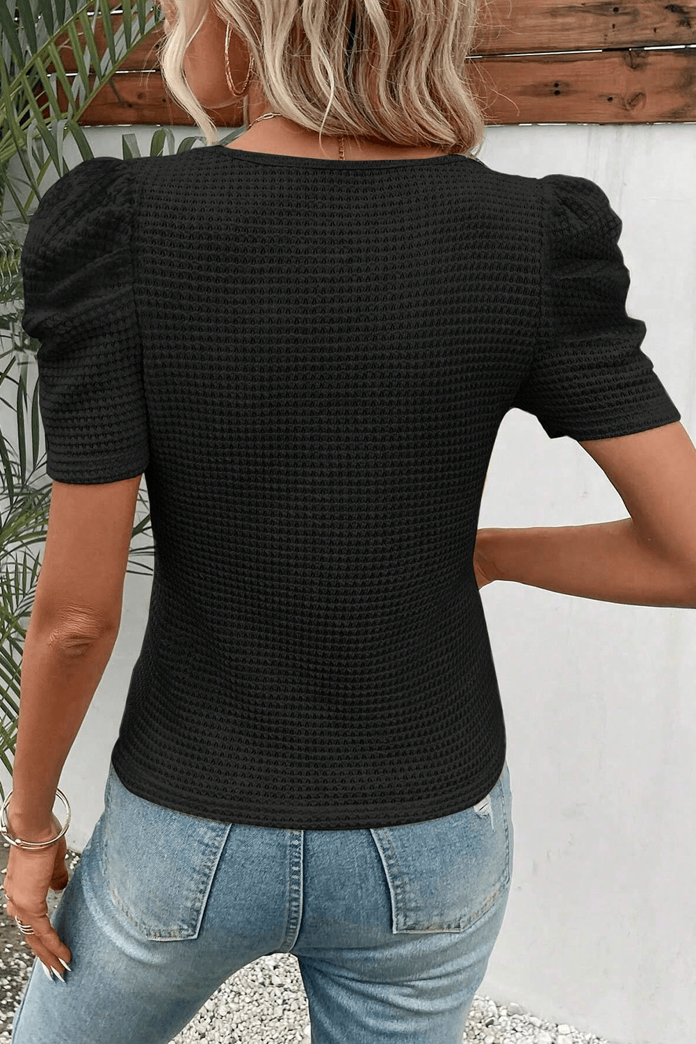 Elegant Black Waffle Knit Top with Ruched Puff Sleeves