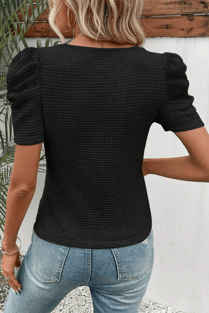 Elegant Black Waffle Knit Top with Ruched Puff Sleeves