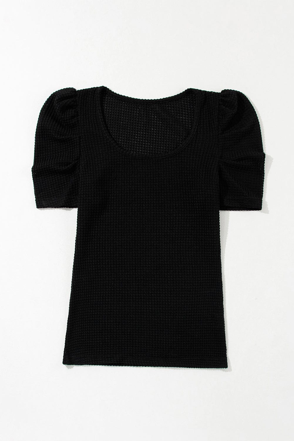 Elegant Black Waffle Knit Top with Ruched Puff Sleeves
