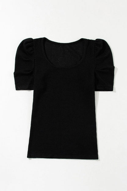 Elegant Black Waffle Knit Top with Ruched Puff Sleeves