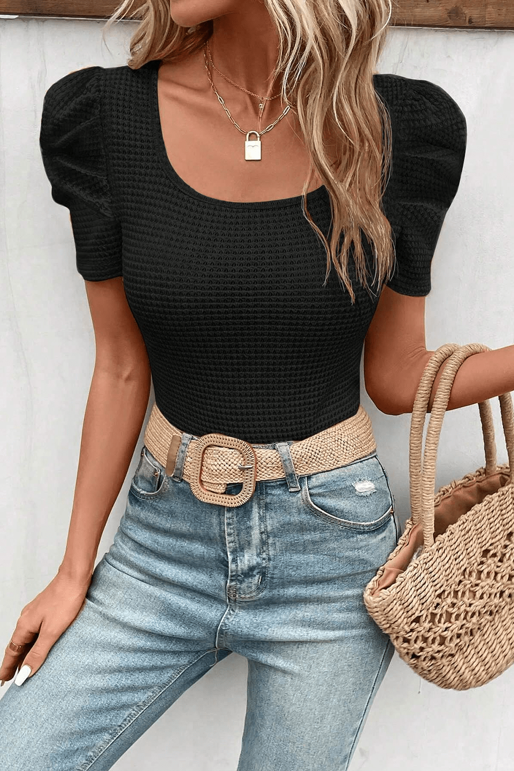 Elegant Black Waffle Knit Top with Ruched Puff Sleeves