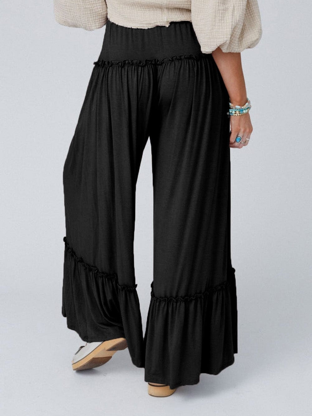 Elegant Black Wide Leg Pants with Frilled Details