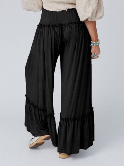 Elegant Black Wide Leg Pants with Frilled Details