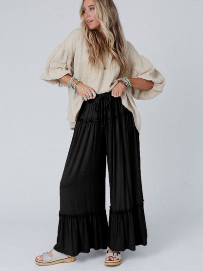 Elegant Black Wide Leg Pants with Frilled Details