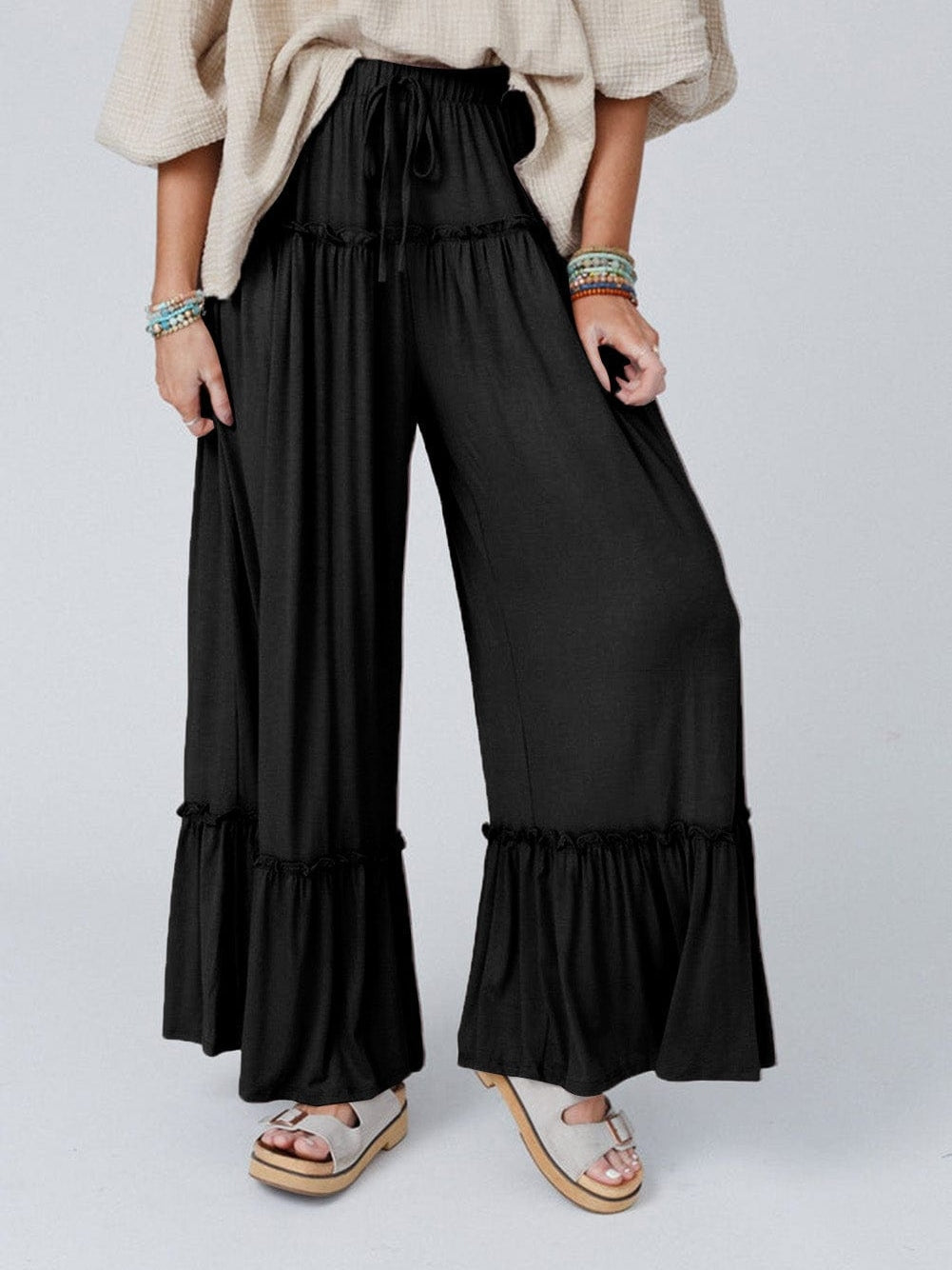 Elegant Black Wide Leg Pants with Frilled Details