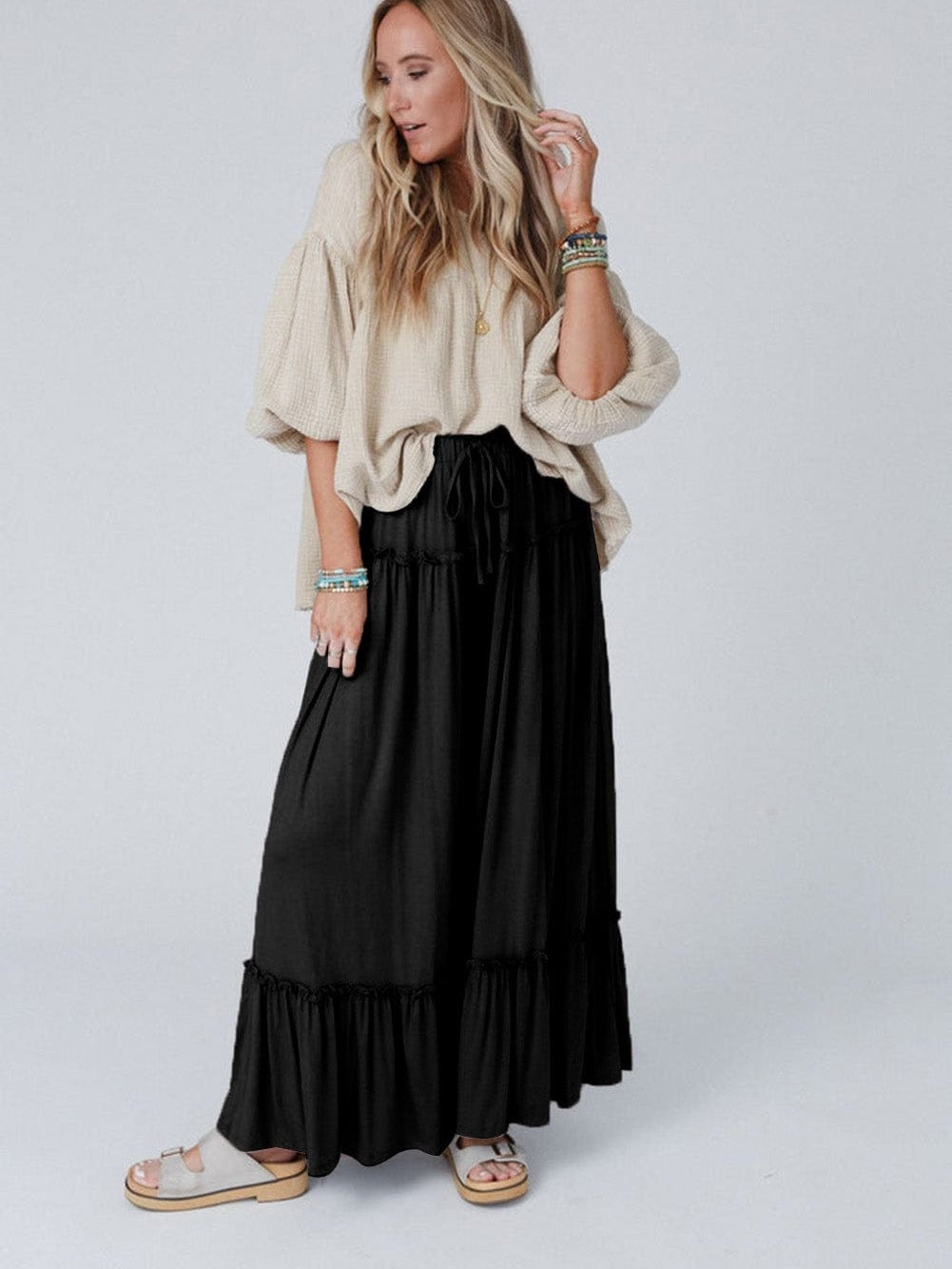 Elegant Black Wide Leg Pants with Frilled Details