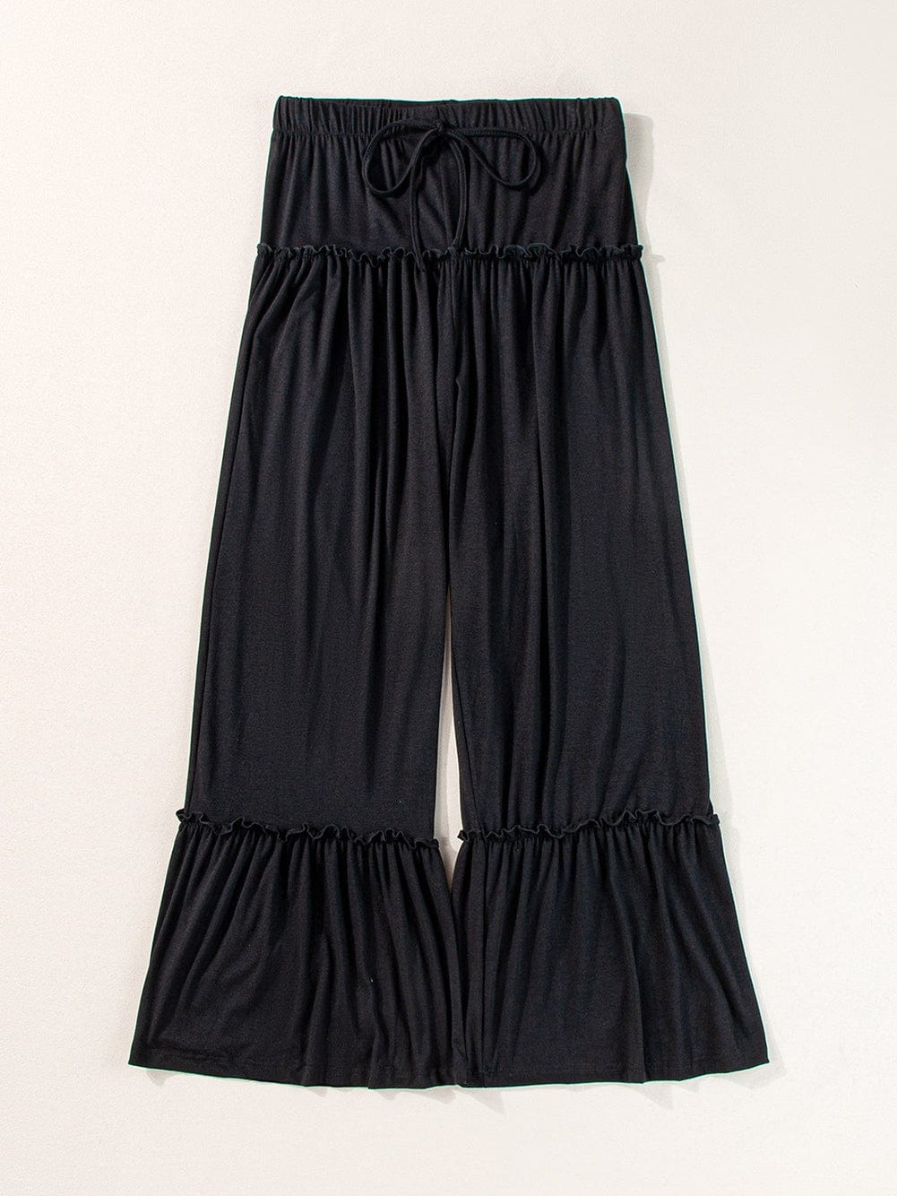 Elegant Black Wide Leg Pants with Frilled Details