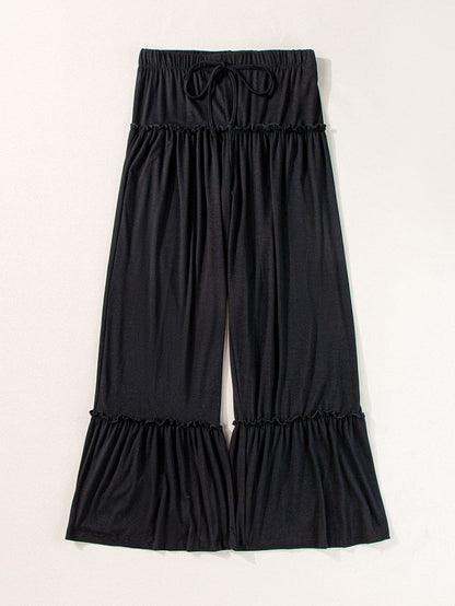 Elegant Black Wide Leg Pants with Frilled Details