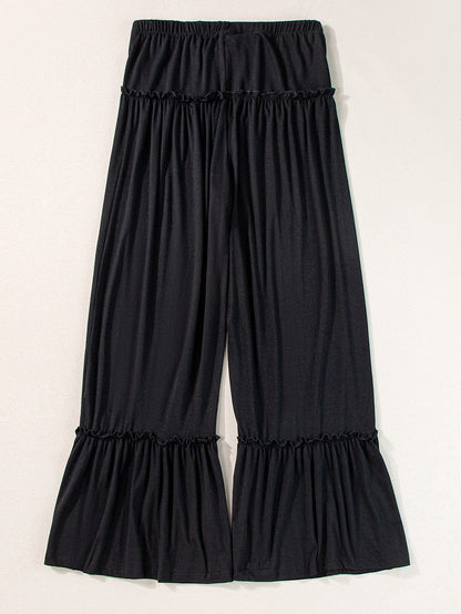 Elegant Black Wide Leg Pants with Frilled Details