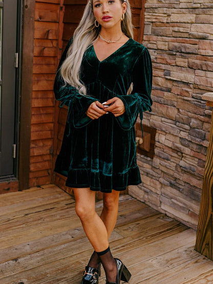 Elegant Blackish Green Velvet Mini Dress with V-Neck and Ruffle Sleeves