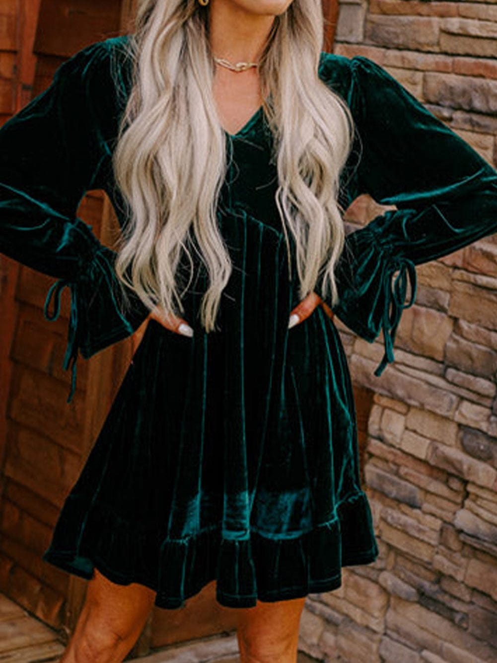 Elegant Blackish Green Velvet Mini Dress with V-Neck and Ruffle Sleeves