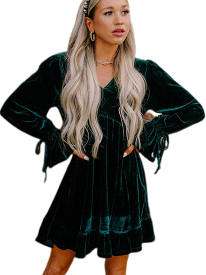 Elegant Blackish Green Velvet Mini Dress with V-Neck and Ruffle Sleeves