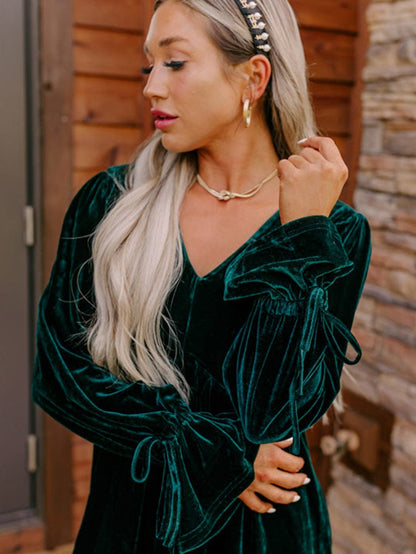Elegant Blackish Green Velvet Mini Dress with V-Neck and Ruffle Sleeves