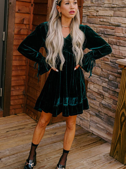 Elegant Blackish Green Velvet Mini Dress with V-Neck and Ruffle Sleeves