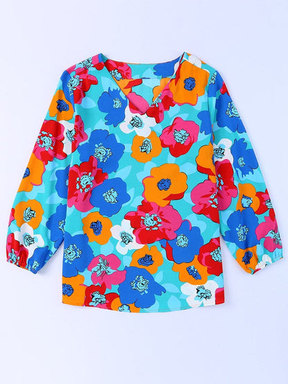 Elegant Blue Floral V Neck Sheath Blouse with Bracelet Sleeve