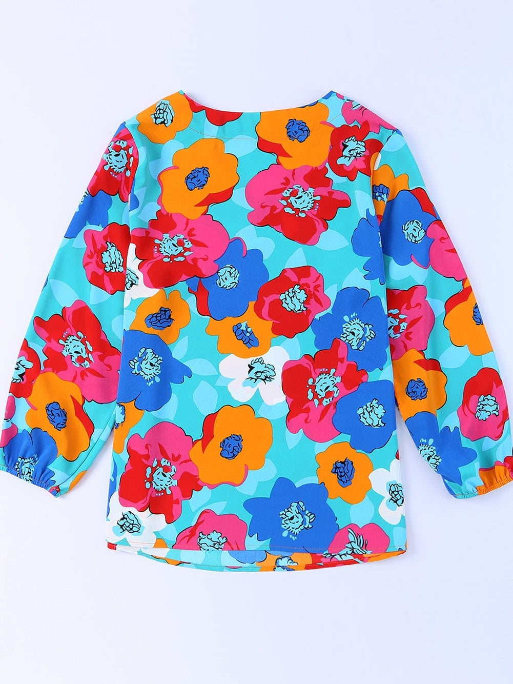 Elegant Blue Floral V Neck Sheath Blouse with Bracelet Sleeve