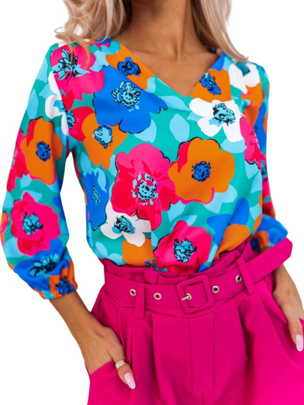 Elegant Blue Floral V Neck Sheath Blouse with Bracelet Sleeve