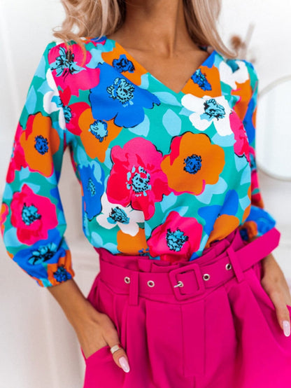 Elegant Blue Floral V Neck Sheath Blouse with Bracelet Sleeve