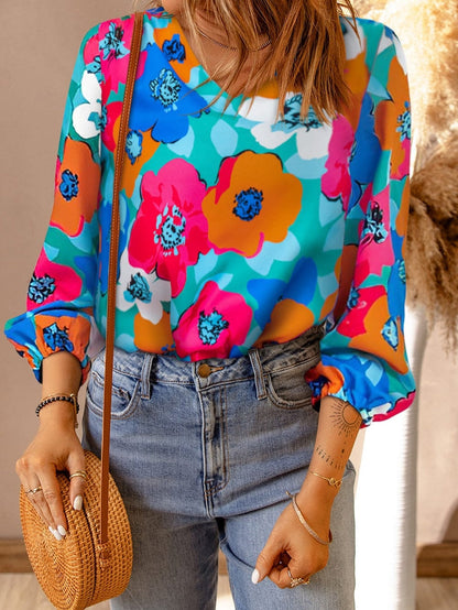 Elegant Blue Floral V Neck Sheath Blouse with Bracelet Sleeve