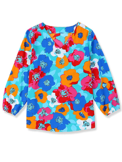Elegant Blue Floral V Neck Sheath Blouse with Bracelet Sleeve