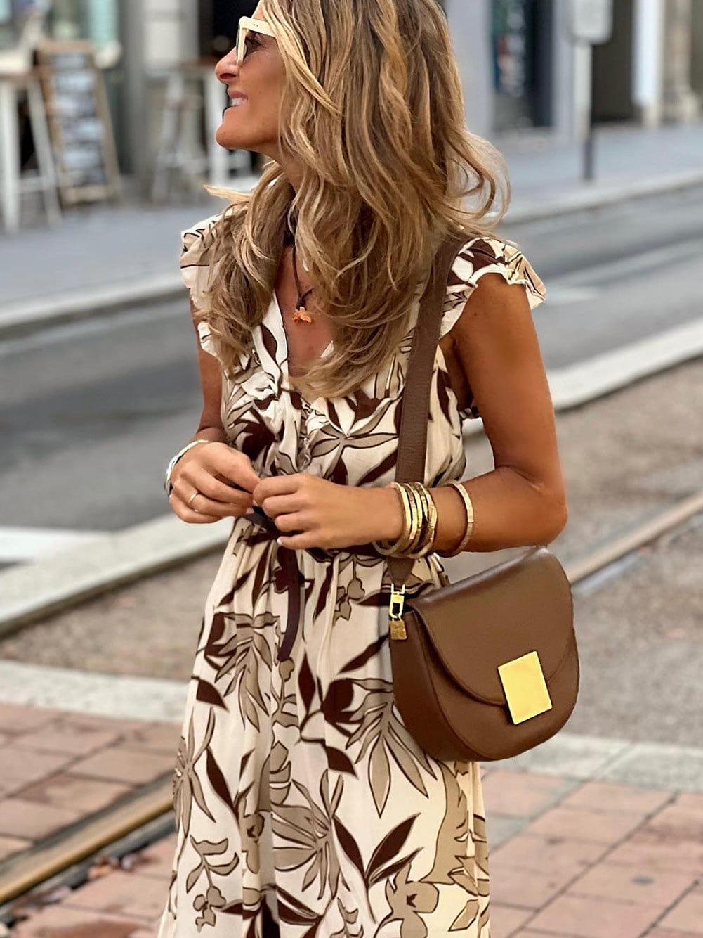 Elegant Brown Leaves Print V-Neck Ruffle Sleeve Maxi Dress