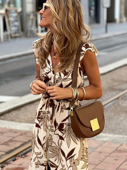 Elegant Brown Leaves Print V-Neck Ruffle Sleeve Maxi Dress
