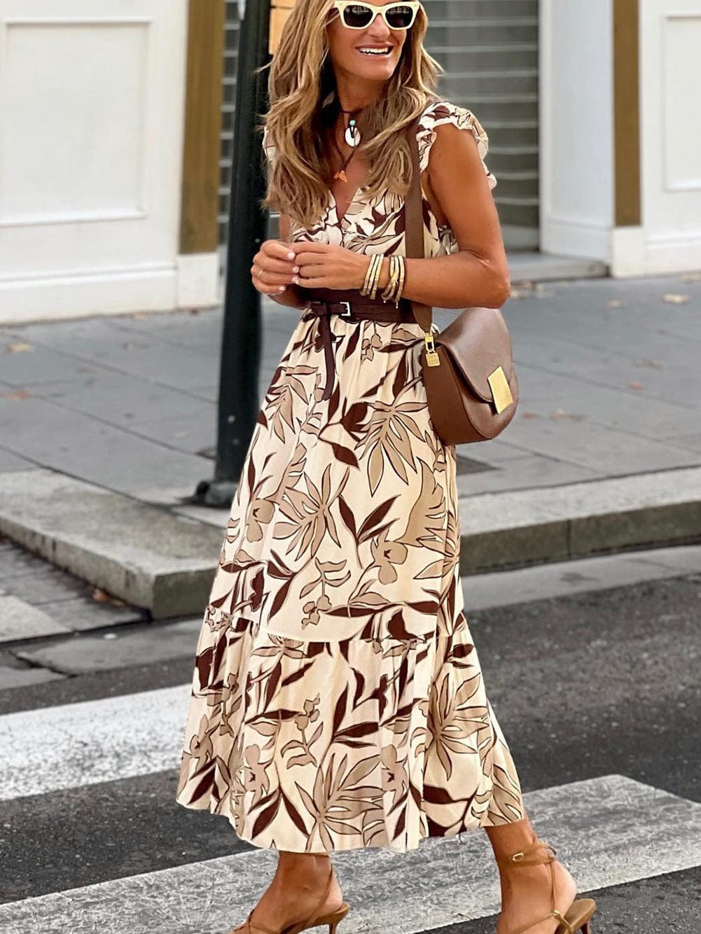 Elegant Brown Leaves Print V-Neck Ruffle Sleeve Maxi Dress